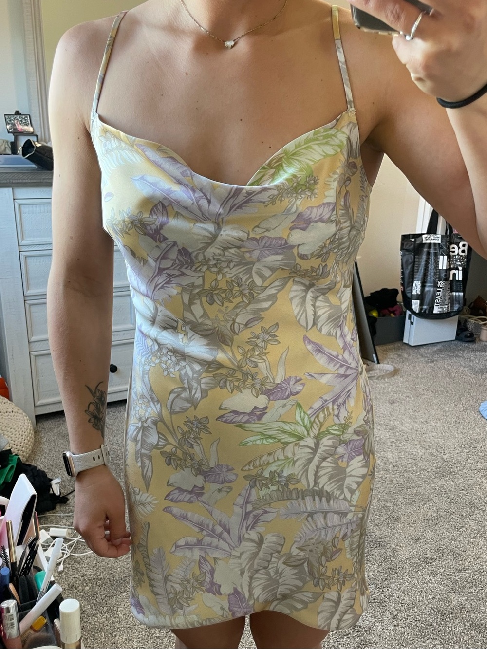 Lulu's Yellow Floral Cowl Slip Dress with Lilac Accents